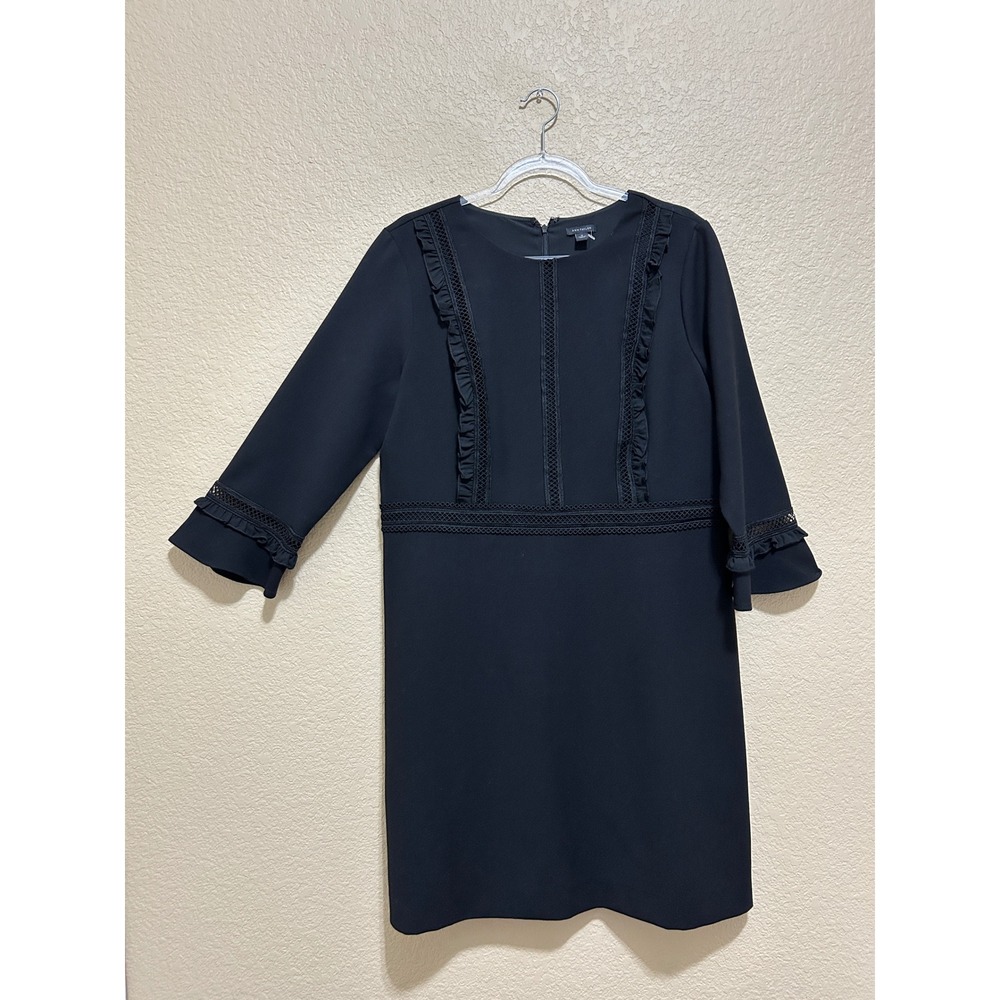 Ann Taylor Shift Dress 14 Black Lace Ruffle 3/4 Sleeve LBD Business Cocktail